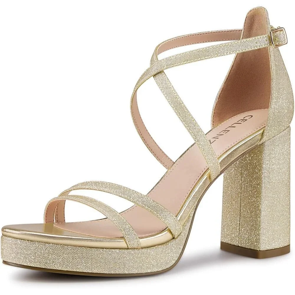 Womens Glitter-Gold Sandal Stylish Comfortable Chunky Blocked Strappy Heel Shoes